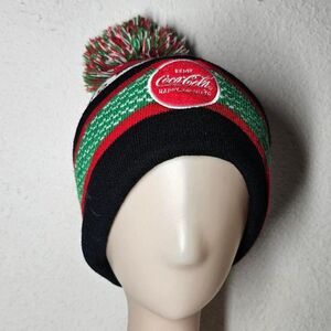 Coca cola foldover winter Christmas puff ball beanie